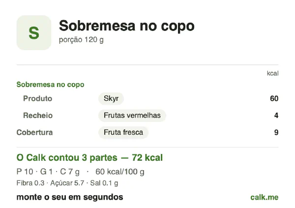 Cartão do Calk para a versão menos calórica de Sobremesa no copo: 60 kcal por 100 g, proteína/gordura/carboidratos 56/6/37