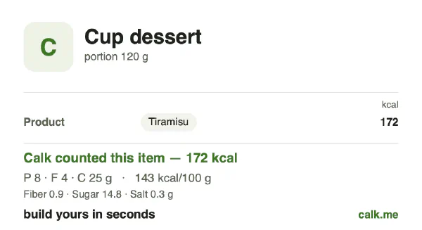 Higher calorie Calk card for Cup dessert: 143 kcal per 100 g, protein/fat/carbs 19/23/58