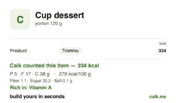 Higher calorie Calk card for Cup dessert: 279 kcal per 100 g, protein/fat/carbs 6/47/47