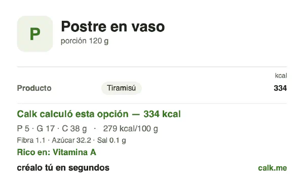 Tarjeta de Calk, versión más calórica de Postre en vaso: 279 kcal por 100 g, proteínas/grasas/carbohidratos 6/47/47