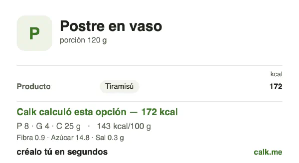 Tarjeta de Calk, versión más calórica de Postre en vaso: 143 kcal por 100 g, proteínas/grasas/carbohidratos 19/23/58