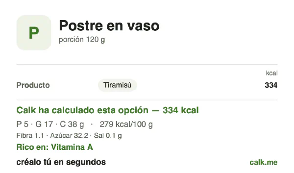 Ficha de Calk, versión más calórica de Postre en vaso: 279 kcal por 100 g, proteínas/grasas/hidratos 6/47/47