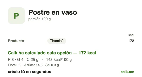 Ficha de Calk, versión más calórica de Postre en vaso: 143 kcal por 100 g, proteínas/grasas/hidratos 19/23/58