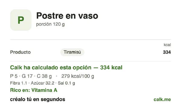 Ficha de Calk, versión más calórica de Postre en vaso: 279 kcal por 100 g, proteínas/grasas/hidratos 6/47/47