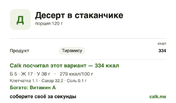 Карточка «Десерт в стаканчике» в Calk — более калорийный вариант: 279 ккал на 100 г, белки/жиры/углеводы 6/47/47