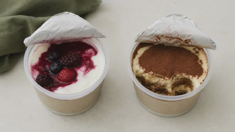 Dessert cup: lower- and higher-calorie Calk versions side by side