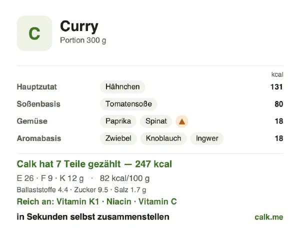 Calk-Karte für die kalorienärmere Variante von Curry: 82 kcal pro 100 g, Eiweiß/Fett/Kohlenhydrate 44/36/20
