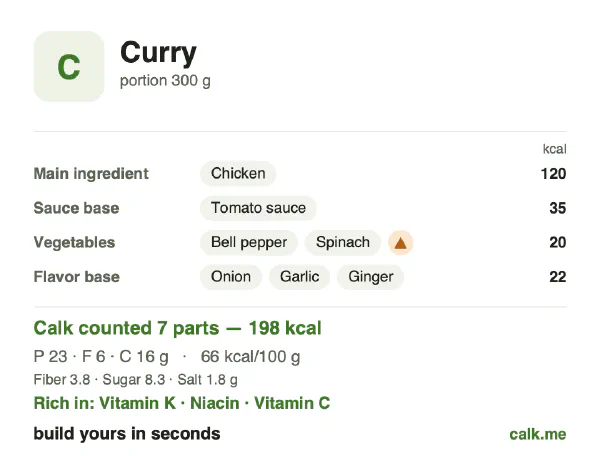 Lower calorie Calk card for Curry: 66 kcal per 100 g, protein/fat/carbs 44/25/31