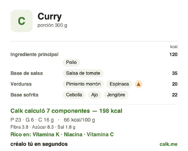 Tarjeta de Calk, versión menos calórica de Curry: 66 kcal por 100 g, proteínas/grasas/carbohidratos 44/25/31