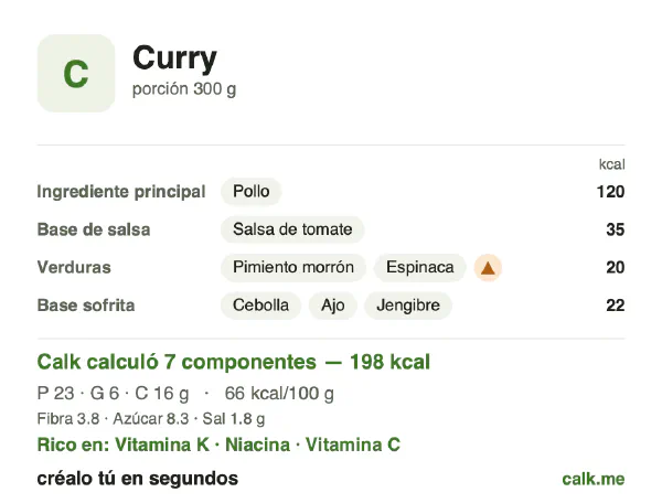Tarjeta de Calk, versión menos calórica de Curry: 66 kcal por 100 g, proteínas/grasas/carbohidratos 44/25/31