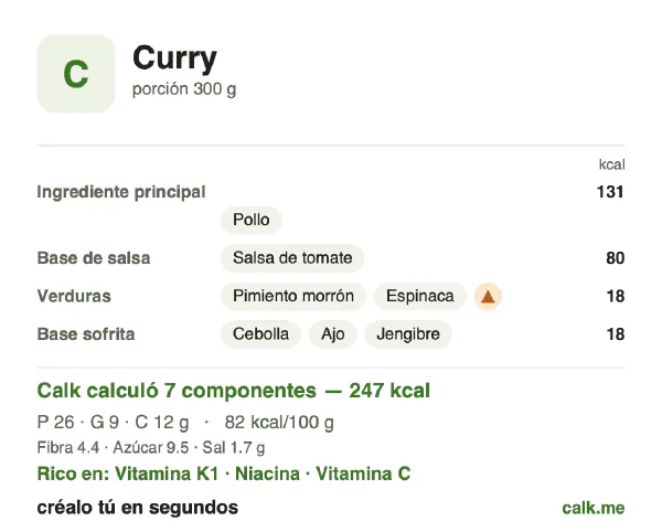 Tarjeta de Calk, versión menos calórica de Curry: 82 kcal por 100 g, proteínas/grasas/carbohidratos 44/36/20