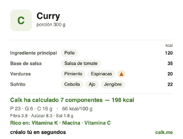 Ficha de Calk, versión menos calórica de Curry: 66 kcal por 100 g, proteínas/grasas/hidratos 44/25/31