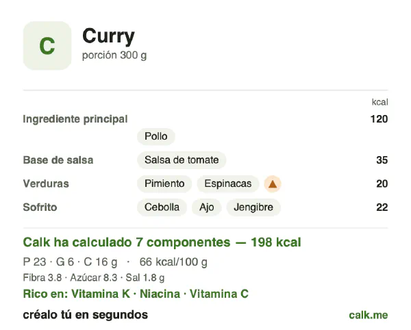 Ficha de Calk, versión menos calórica de Curry: 66 kcal por 100 g, proteínas/grasas/hidratos 44/25/31