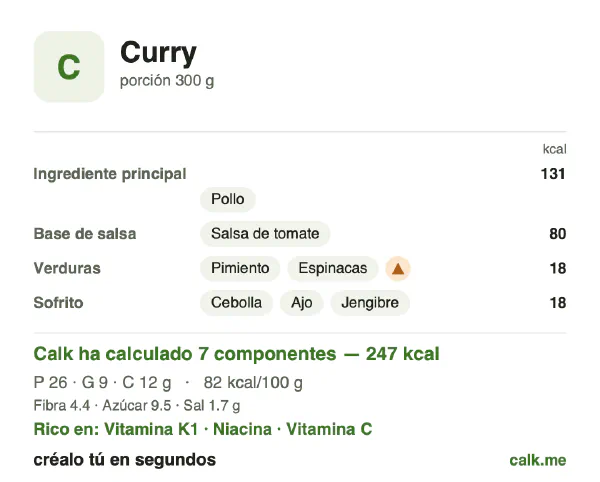 Ficha de Calk, versión menos calórica de Curry: 82 kcal por 100 g, proteínas/grasas/hidratos 44/36/20