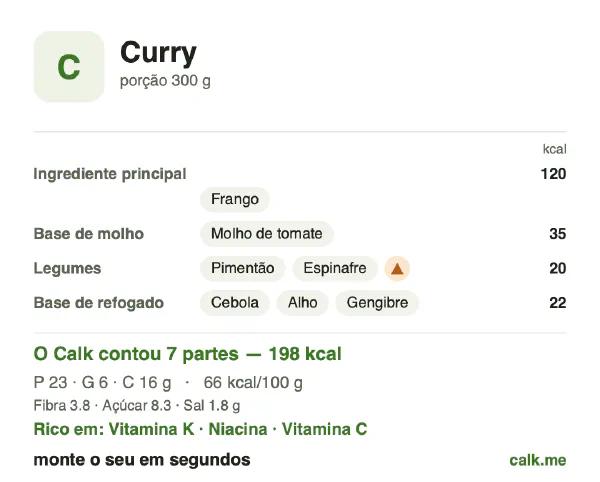 Cartão do Calk para a versão menos calórica de Curry: 66 kcal por 100 g, proteína/gordura/carboidratos 44/25/31