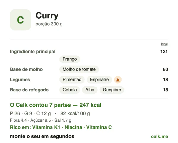 Cartão do Calk para a versão menos calórica de Curry: 82 kcal por 100 g, proteína/gordura/carboidratos 44/36/20