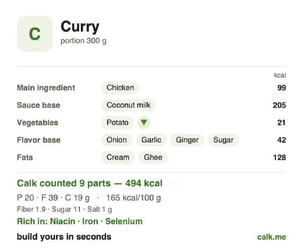 Higher calorie Calk card for Curry: 165 kcal per 100 g, protein/fat/carbs 16/69/15