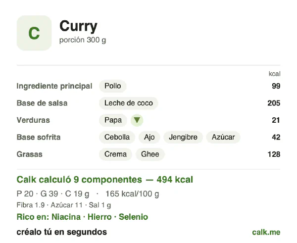 Tarjeta de Calk, versión más calórica de Curry: 165 kcal por 100 g, proteínas/grasas/carbohidratos 16/69/15