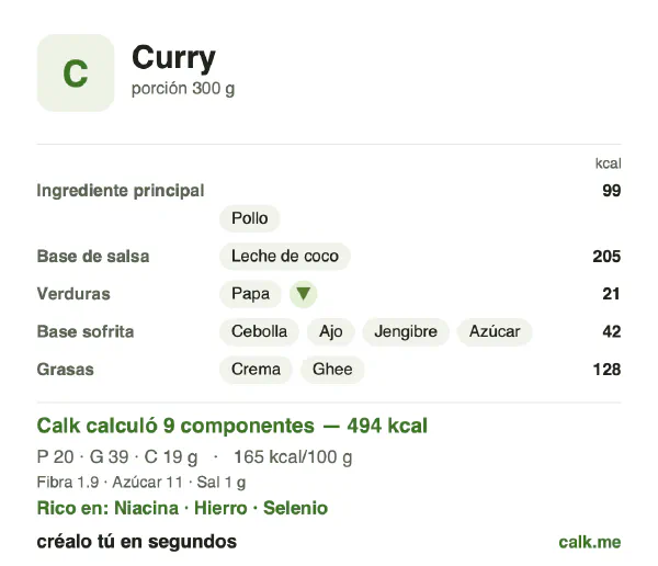 Tarjeta de Calk, versión más calórica de Curry: 165 kcal por 100 g, proteínas/grasas/carbohidratos 16/69/15