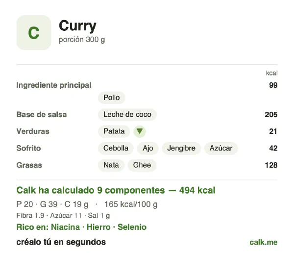 Ficha de Calk, versión más calórica de Curry: 165 kcal por 100 g, proteínas/grasas/hidratos 16/69/15