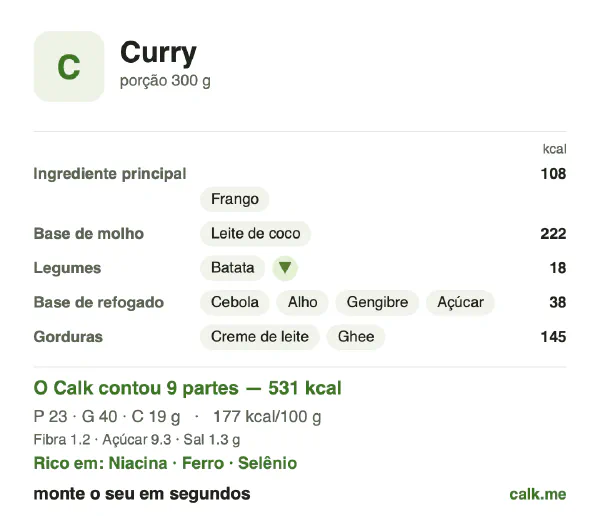 Cartão do Calk para a versão mais calórica de Curry: 177 kcal por 100 g, proteína/gordura/carboidratos 17/69/14