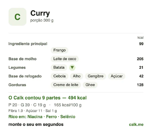 Cartão do Calk para a versão mais calórica de Curry: 165 kcal por 100 g, proteína/gordura/carboidratos 16/69/15