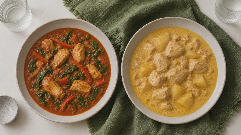Chicken curry: lower- and higher-calorie Calk versions side by side