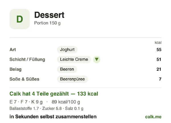 Calk-Karte für die kalorienärmere Variante von Dessert: 89 kcal pro 100 g, Eiweiß/Fett/Kohlenhydrate 21/49/29