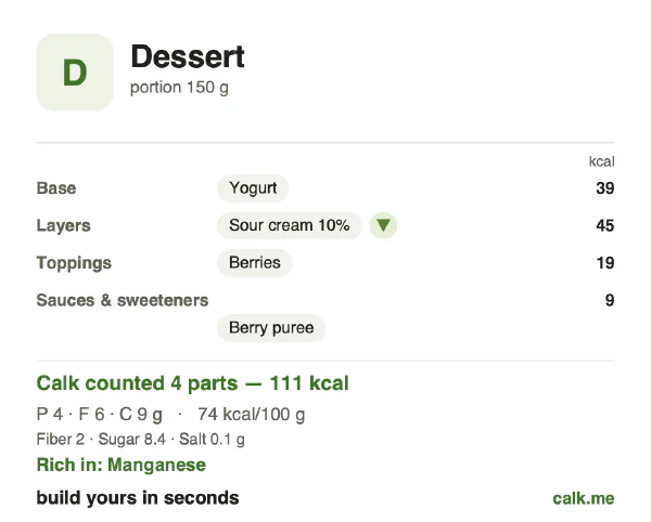 Lower calorie Calk card for Dessert: 74 kcal per 100 g, protein/fat/carbs 14/52/34