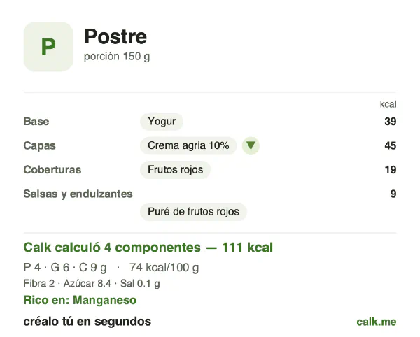 Tarjeta de Calk, versión menos calórica de Postre: 74 kcal por 100 g, proteínas/grasas/carbohidratos 14/52/34