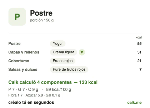 Tarjeta de Calk, versión menos calórica de Postre: 89 kcal por 100 g, proteínas/grasas/carbohidratos 21/49/29