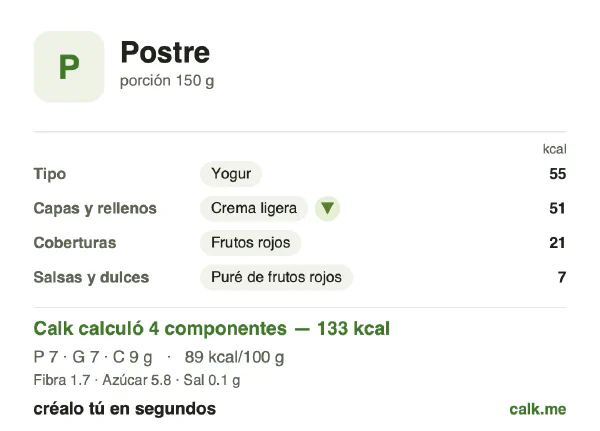 Tarjeta de Calk, versión menos calórica de Postre: 89 kcal por 100 g, proteínas/grasas/carbohidratos 21/49/29