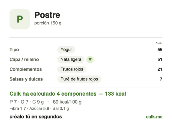 Ficha de Calk, versión menos calórica de Postre: 89 kcal por 100 g, proteínas/grasas/hidratos 21/49/29