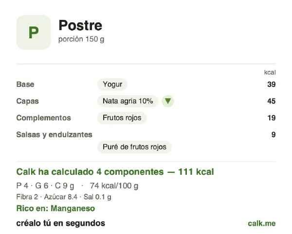 Ficha de Calk, versión menos calórica de Postre: 74 kcal por 100 g, proteínas/grasas/hidratos 14/52/34