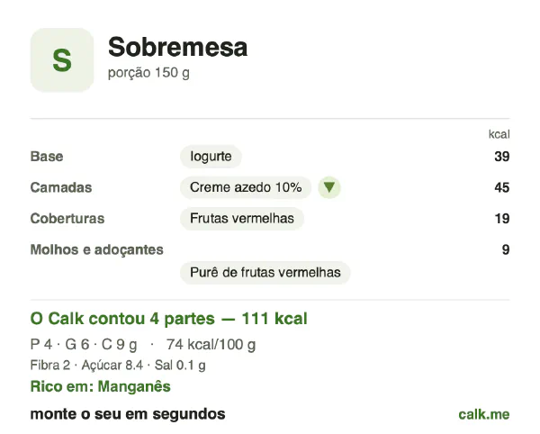 Cartão do Calk para a versão menos calórica de Sobremesa: 74 kcal por 100 g, proteína/gordura/carboidratos 14/52/34