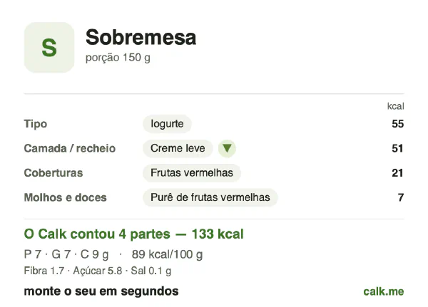 Cartão do Calk para a versão menos calórica de Sobremesa: 89 kcal por 100 g, proteína/gordura/carboidratos 21/49/29