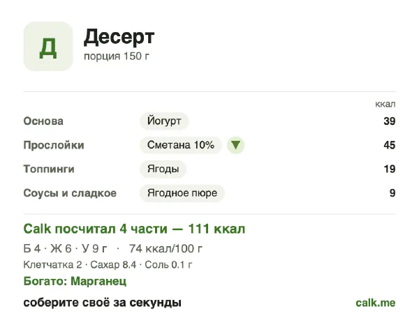 Карточка «Десерт» в Calk — менее калорийный вариант: 74 ккал на 100 г, белки/жиры/углеводы 14/52/34