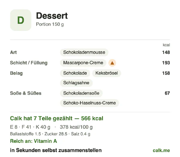 Calk-Karte für die kalorienreichere Variante von Dessert: 378 kcal pro 100 g, Eiweiß/Fett/Kohlenhydrate 5/66/29