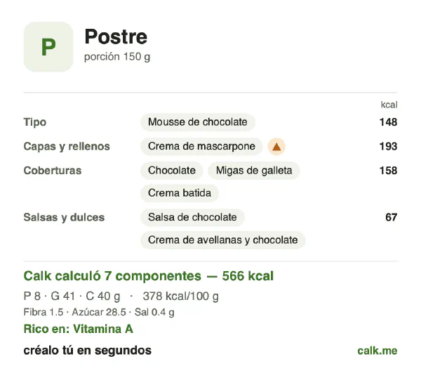 Tarjeta de Calk, versión más calórica de Postre: 378 kcal por 100 g, proteínas/grasas/carbohidratos 5/66/29