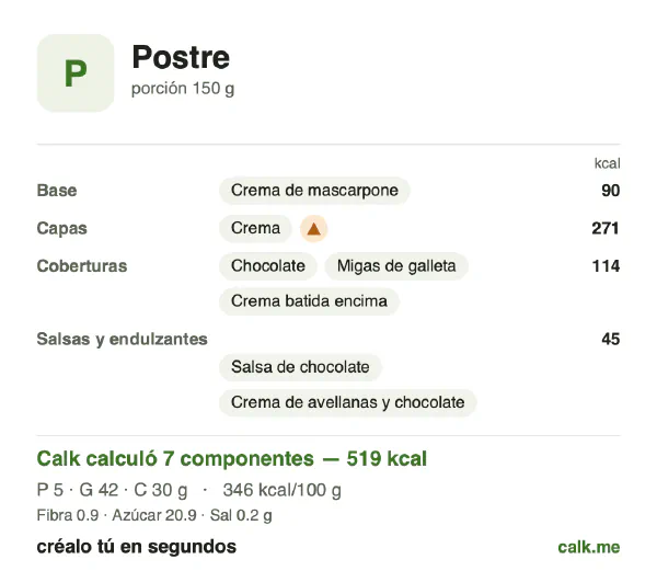 Tarjeta de Calk, versión más calórica de Postre: 346 kcal por 100 g, proteínas/grasas/carbohidratos 4/73/23