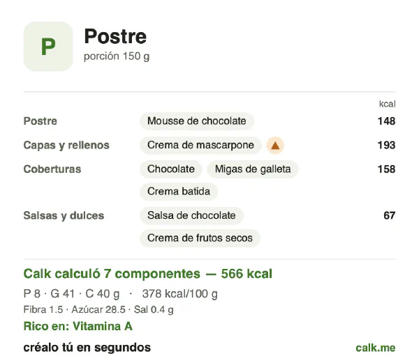 Tarjeta de Calk, versión más calórica de Postre: 378 kcal por 100 g, proteínas/grasas/carbohidratos 5/66/29