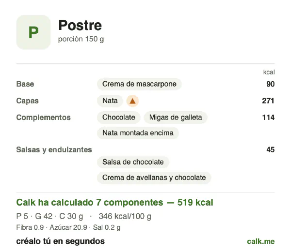 Ficha de Calk, versión más calórica de Postre: 346 kcal por 100 g, proteínas/grasas/hidratos 4/73/23