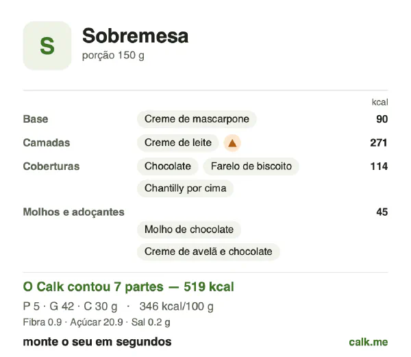 Cartão do Calk para a versão mais calórica de Sobremesa: 346 kcal por 100 g, proteína/gordura/carboidratos 4/73/23