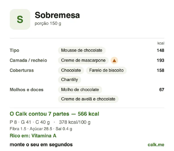 Cartão do Calk para a versão mais calórica de Sobremesa: 378 kcal por 100 g, proteína/gordura/carboidratos 5/66/29