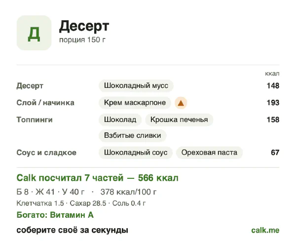 Карточка Calk, более калорийный вариант Десерт: 378 ккал на 100 г, белки/жиры/углеводы 5/66/29