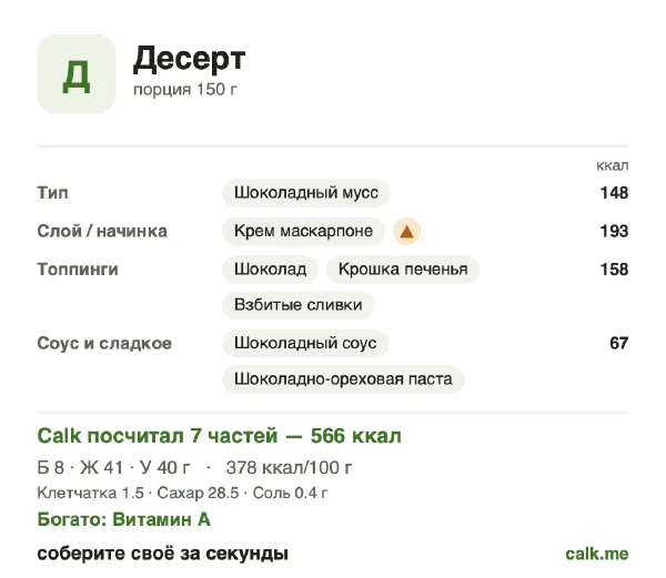 Карточка «Десерт» в Calk — более калорийный вариант: 378 ккал на 100 г, белки/жиры/углеводы 5/66/29