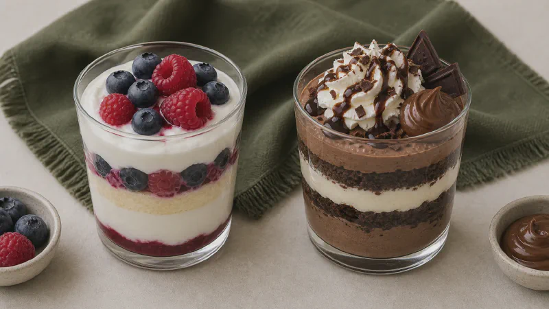 Layered dessert cup: lower- and higher-calorie Calk versions side by side