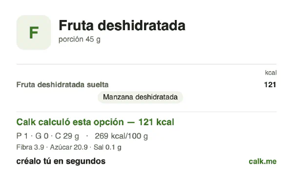 Tarjeta de Calk, versión menos calórica de Fruta deshidratada: 269 kcal por 100 g, proteínas/grasas/carbohidratos 2/1/97