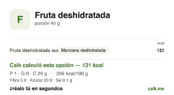 Tarjeta de Calk, versión menos calórica de Fruta deshidratada: 269 kcal por 100 g, proteínas/grasas/carbohidratos 2/1/97