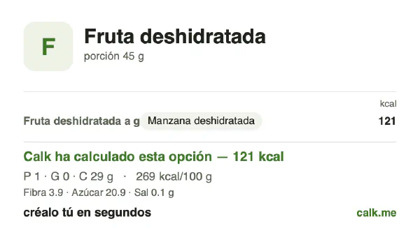 Ficha de Calk, versión menos calórica de Fruta deshidratada: 269 kcal por 100 g, proteínas/grasas/hidratos 2/1/97